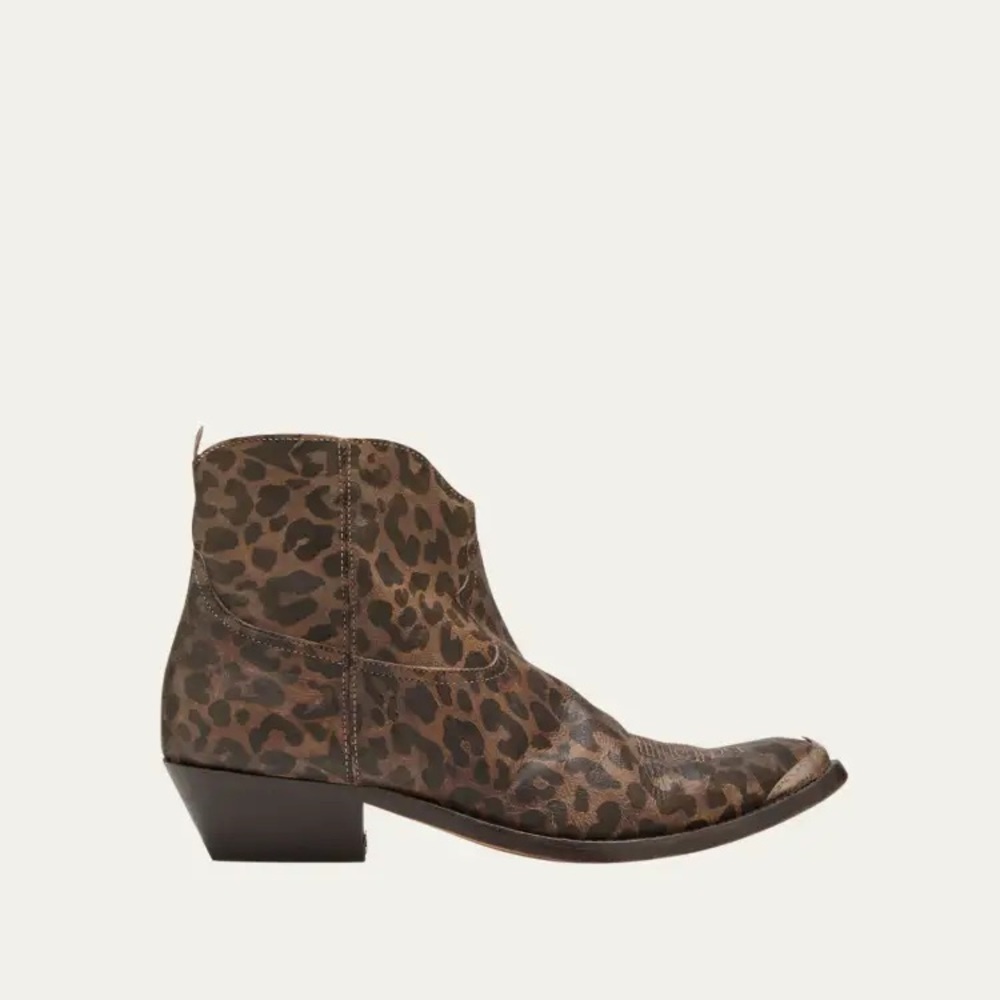 NIB Golden Goose Young Leopard-Print Leather Cowboy Boots in Beige Black Leo Sz6